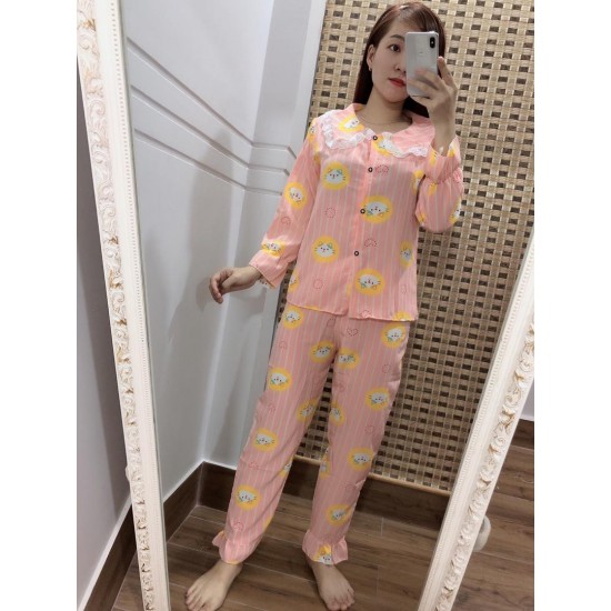 Women pajama light pink with yellow drawings long sleeve