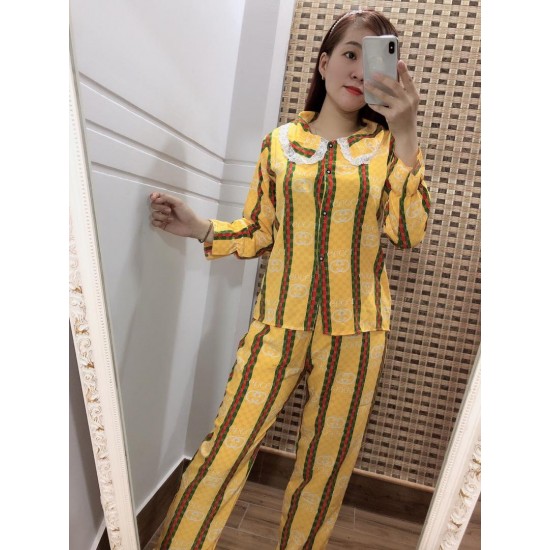 Women pajama yellow with olive green decorations long sleeve