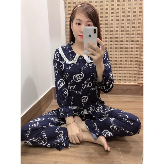 Women pajama dark blue white decorations long sleeve