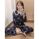 Women pajama dark blue white decorations long sleeve