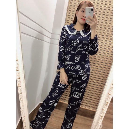 Women pajama dark blue white decorations long sleeve